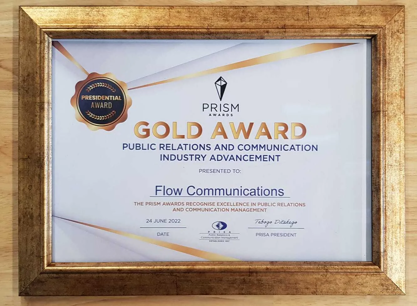 Certificate of excellence from PRISA