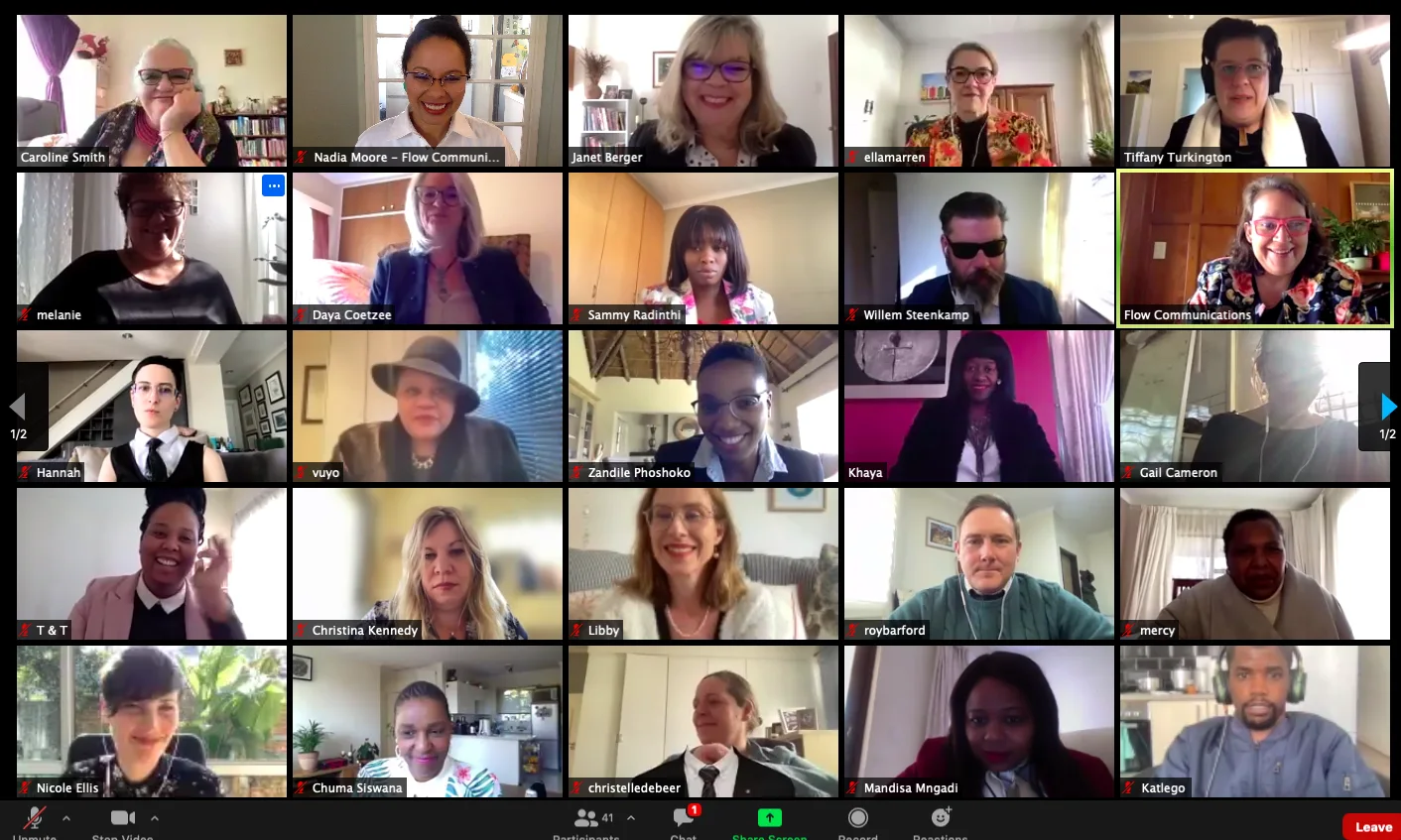 The Flow Communications team at a formal remote meeting
