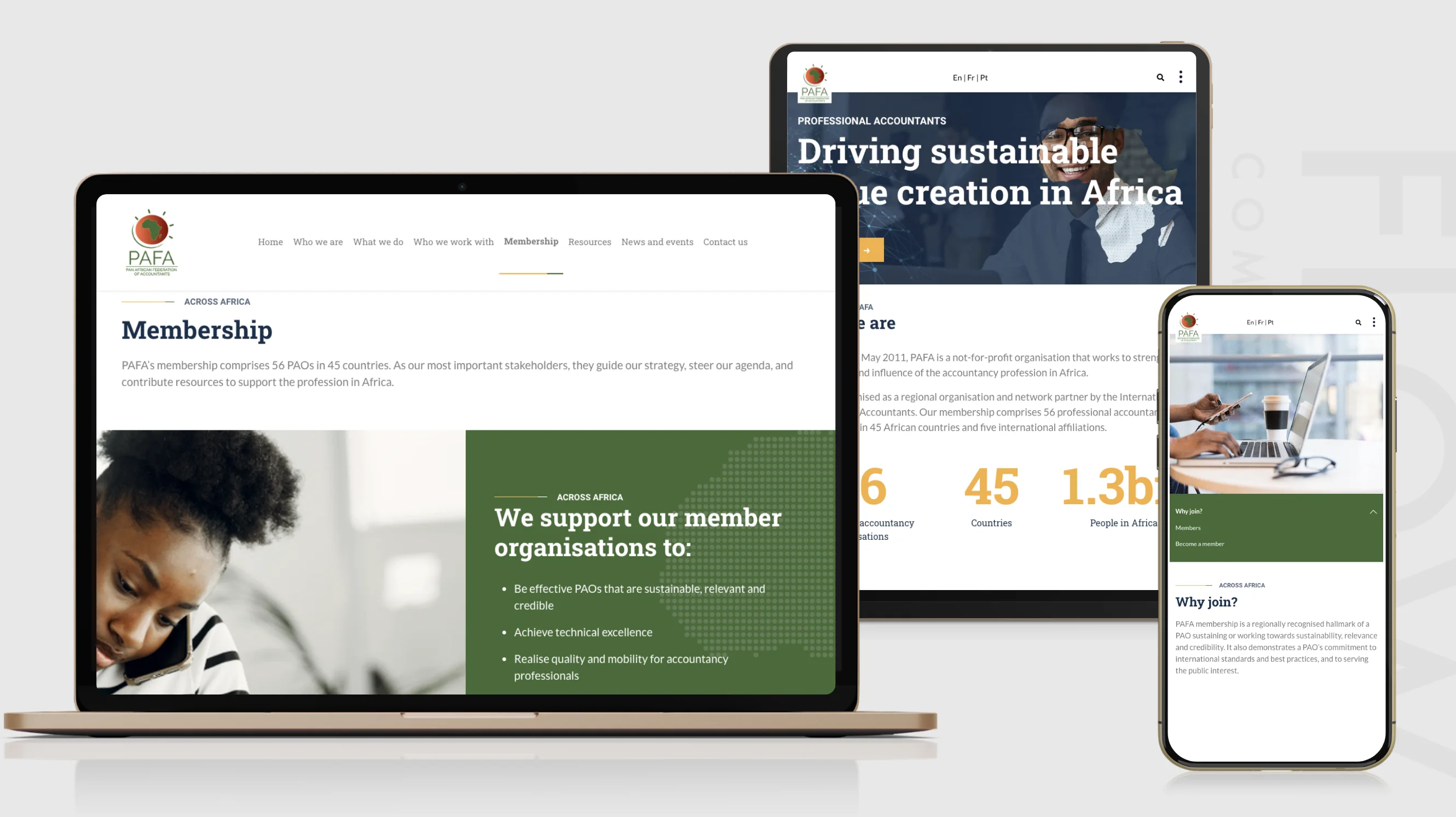 PAFA Website examples on different screens
