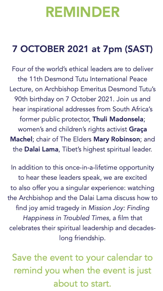 One of the 2021 Desmond Tutu International Peace Lecture newsletter, compiled by Flow Comms