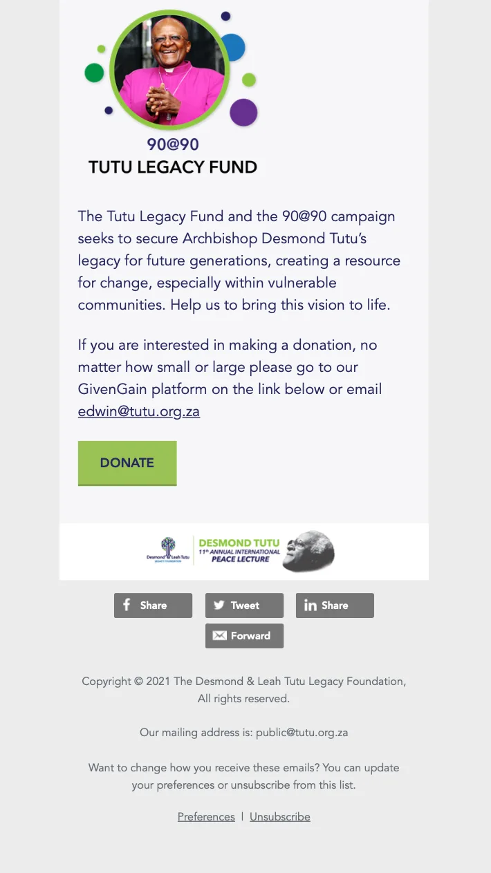 A 2021 Desmond Tutu International Peace Lecture digital newsletter, compiled by our team