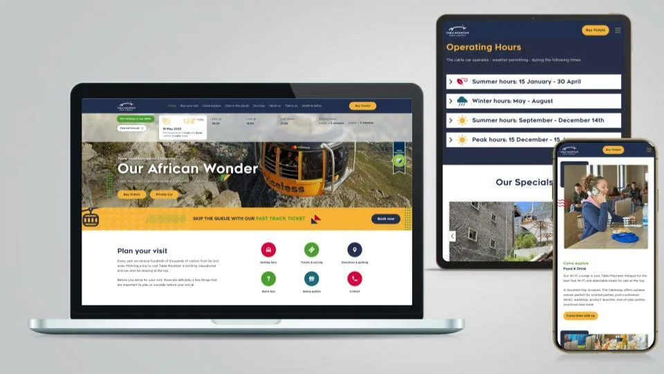 A look at the Table Mountain Cableway’s website on laptop, tablet and mobile The website was given a complete update by Flow’s developers