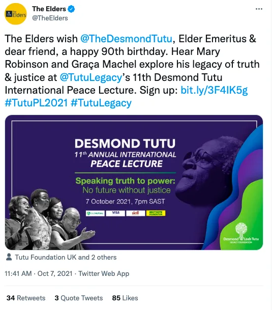 The Elders Tweet - 11th Annual Peace Lecture