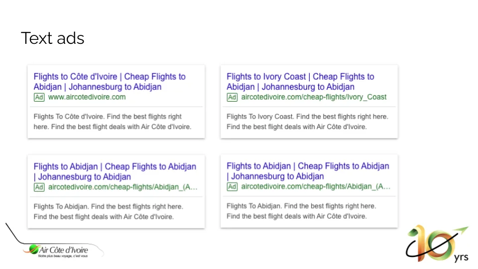 Air Côte d’Ivoire’s Johannesburg-Abidjan route campaign text ads