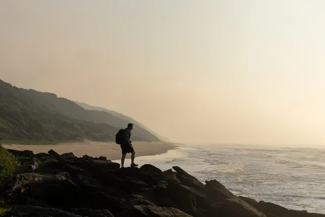 A hiker with a backpack standing on a rocky outcrop above the surf, looking along a misty beach backed by a steep forested dune ridge.