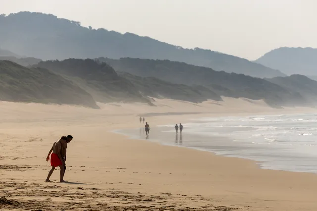 Cape Vidal's beach at first light, with forested dunes receding into the sea mist and a handful of early walkers on the wet sand at the water's edge.
